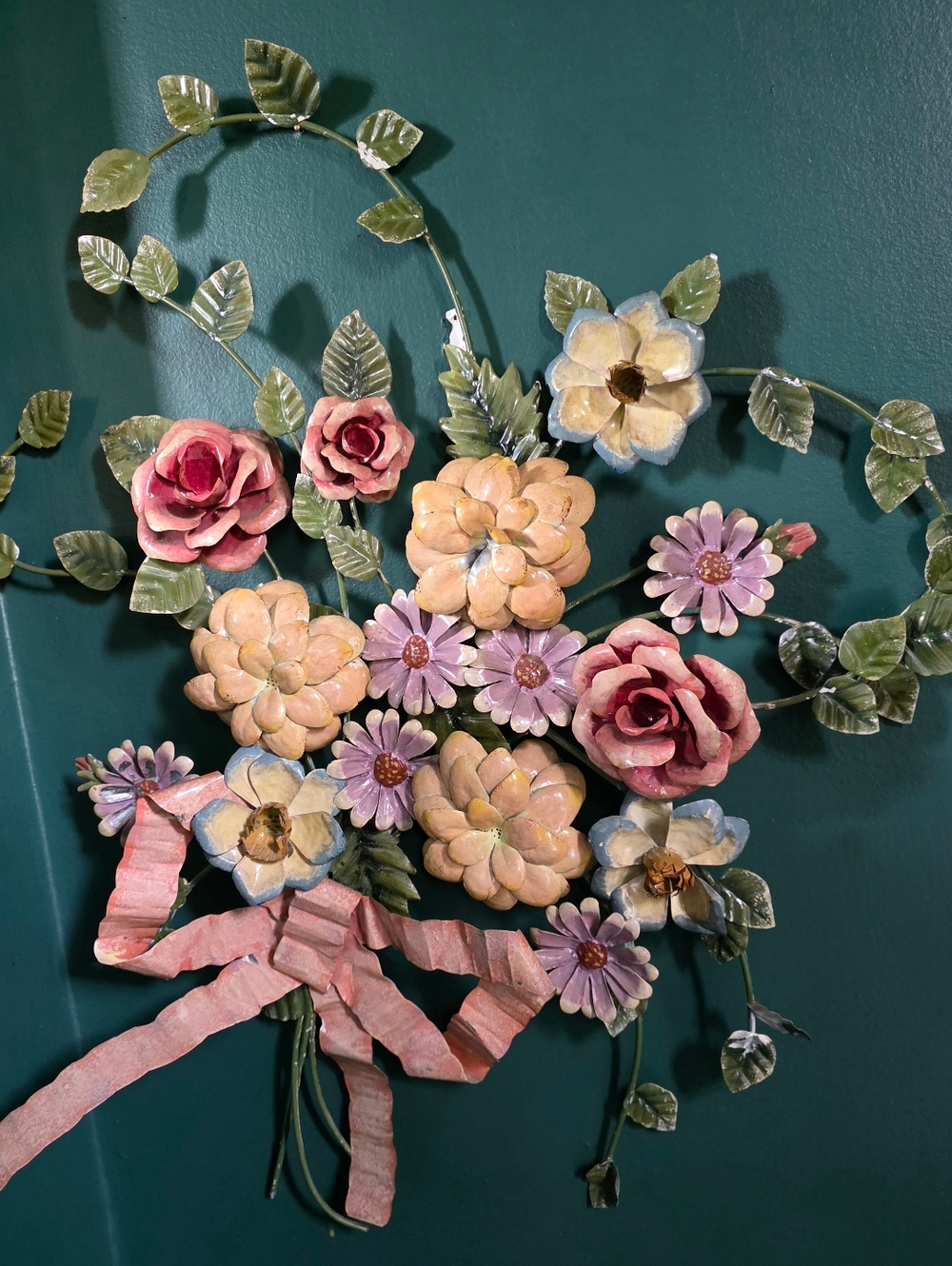 Vintage 80s Floral Metal Wall Art - Pink & Pastel Bouquet 28"×25"